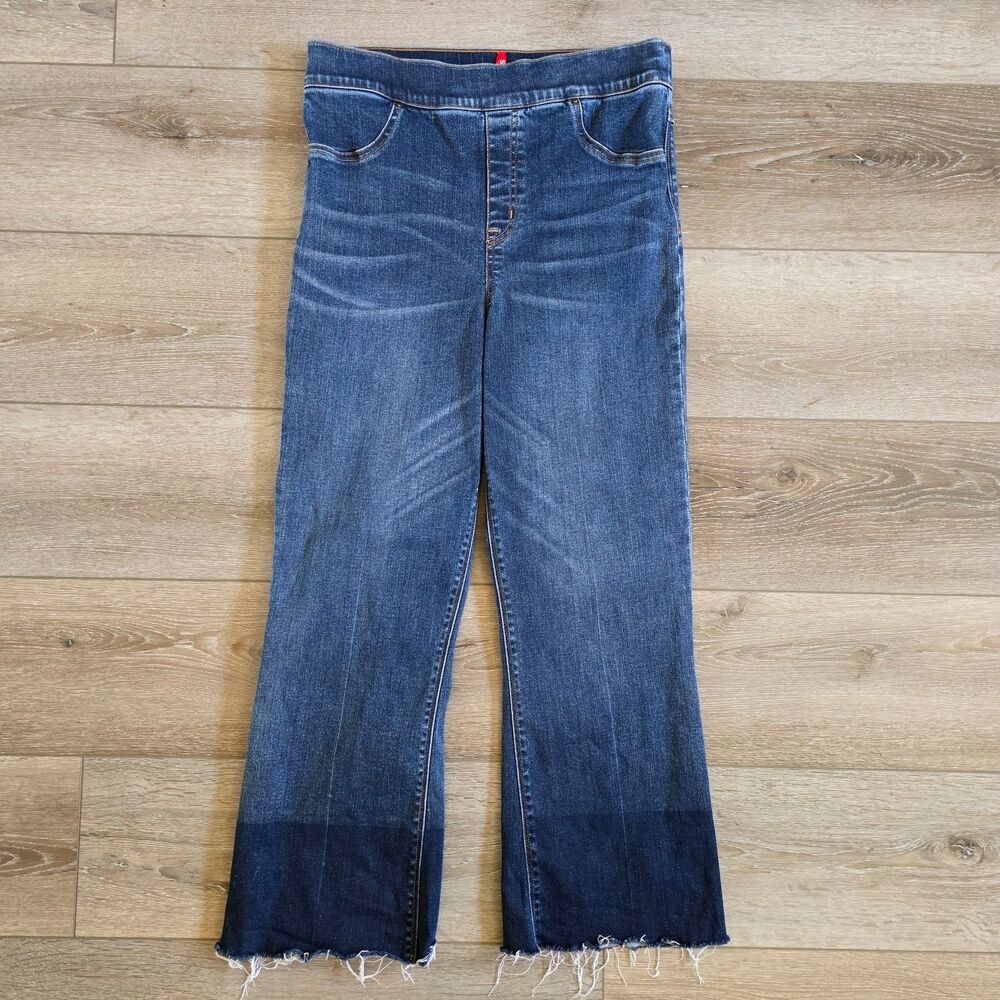 Spanx Jeans Womens Size Large Blue Cropped Flare Leg Denim Stretch Raw Hem